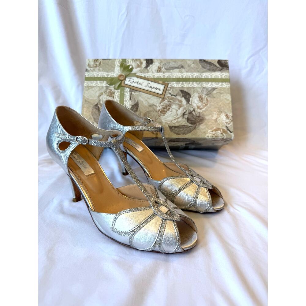 Rachel Simpson Heels Mimosa Silver Leather Glitter, US 7.5, 38, Bridal Wedding